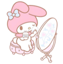 My Melody the rabbit sitting on a stool and applying powder while looking into a mirror.