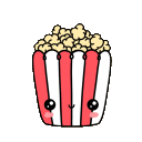 A cute, anthropomorphic popcorn bucket with a smiling face and blushing cheeks, shown in four frames of animation.