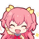 A pink-haired anime girl with a wide, joyful smile and yellow bows in her hair.