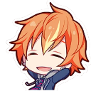 Anime boy with orange hair smiling broadly with his eyes closed in a happy expression.