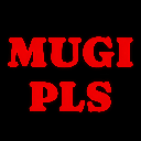 Red block letters reading MUGI PLS centered on a solid black background.