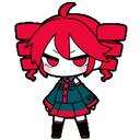 A red-haired chibi girl with narrowed eyes and a skeptical expression.