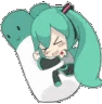 Hatsune Miku hugging a small white creature with a happy expression.