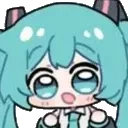 Hatsune Miku with teal hair and wide, expectant eyes looking hungry with her mouth open.