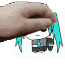 A human hand repeatedly petting a small chibi Hatsune Miku on the head.