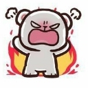 A small white cartoon bear with a furious expression standing in front of bright red and yellow flames.