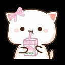 A cute white cat with a pink bow on its head drinks from a small pink milk carton.