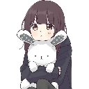 Anime girl with dark hair hugging a white rabbit plush toy against her face.