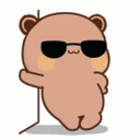 A cute brown cartoon bear wearing black sunglasses leaning against a wall.
