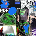 Chaotic collage of streetwear clothing, anime art, and digital graphics with a deep-fried aesthetic.