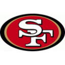 San Francisco 49ers logo featuring the letters SF in white on a red oval background with a gold border.