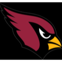 Cardinal mascot head with a fierce expression and yellow beak.