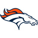 Denver Broncos logo featuring a stylized white horse head with an orange mane on a navy blue background.