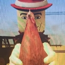 A blocky 3D character wearing a red fedora holds a raw plucked chicken in front of its face.