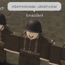 A blocky Roblox soldier avatar with a wide, static smile and a speech bubble above its head.