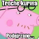 A pink cartoon pig wearing glasses looking sideways with a suspicious expression.