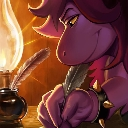 A purple creature with spiky hair and a spiked collar writing with a quill by the light of a candle with a mischievous expre…
