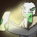 A green-skinned anime character with white hair holds up a glowing light source to their face.