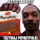 Snoop Dogg holding a package of wafers with Polish text above and below.