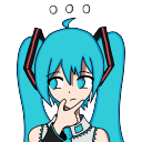 Hatsune Miku with teal hair in pigtails looking thoughtful with an ellipsis floating above her head.