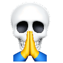 A white skull with yellow hands pressed together in a prayer gesture.
