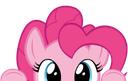 Pink pony with a curly mane peeking over an edge with wide blue eyes.