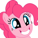 Pinkie Pie the pony with a wide, joyful, toothy grin and large, sparkling blue eyes.