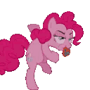 A pink pony with a smug expression performs a rhythmic dance while chewing on a brown object.