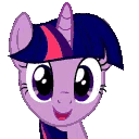 A purple pony with a blue and pink mane rhythmically bobbing its head up and down.