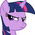 A purple unicorn with a dark blue mane looking sideways with a judgmental and skeptical expression.