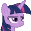 A purple unicorn with a horn and mane looking to the side with a skeptical and unimpressed expression.