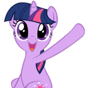 Twilight Sparkle the purple unicorn pony waving her hoof with a joyful expression.