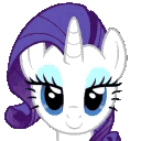 A white unicorn pony with a purple mane and blue eyeshadow shifts its eyes back and forth with a smug expression.