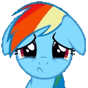 A blue pony with a rainbow mane and large, teary eyes looking down in sadness.
