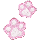 Two embroidered pink paw prints with white pads arranged diagonally.