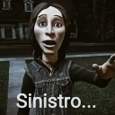 A 3D humanoid character with a wide-eyed, shocked expression reaches out with one hand under the text Sinistro.