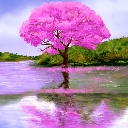 A vibrant pink cherry blossom tree stands by a calm body of water with a clear reflection.