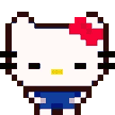 A white cat character in a blue outfit becomes increasingly excited with yellow and pink sparkles appearing around its head.