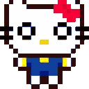 Hello Kitty pixel character blushing with a red bow and blue outfit.