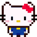 A white cat character with a red bow shifts its expression from wide eyes to a squinting, suspicious look.