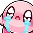 Kirby with large eyes shedding giant blue tears in a dramatic crying expression.