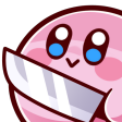 A round pink character with large blue eyes holding a silver knife in its mouth while smiling.
