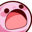 A round pink creature with a wide-open mouth and shocked expression against a dark red background.