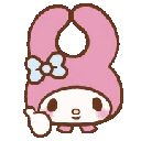 A pink rabbit with a blue bow gives a thumbs up gesture.