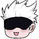 Gojo Satoru with a blindfold smiling happily in a chibi anime style.