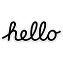 Hello written in black cursive script with a white outline.