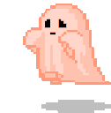 A small orange pixel art ghost with a shy expression floating above a gray shadow.