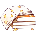 A stack of books with a blanket draped over them, decorated with falling yellow ginkgo leaves.