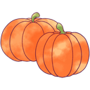 Two bright orange pumpkins with green stems sitting side by side against a dark purple background.