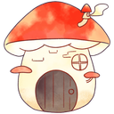 Mushroom house with a red cap and a wooden door.